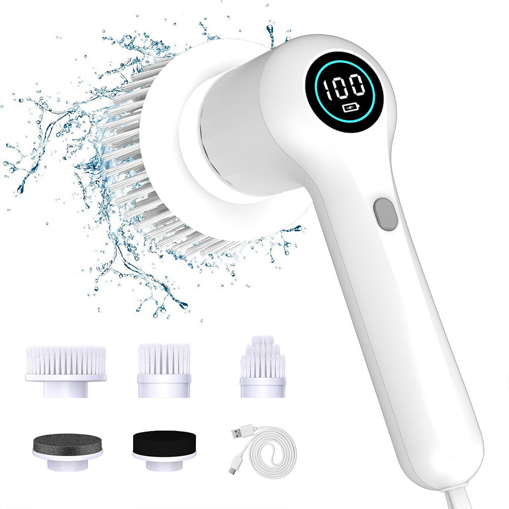 White Rechargeable Electric Spin Scrubber - Waterproof Power Cleaning Brush with 5 Heads & Digital Display for Bathroom, Kitchen & More