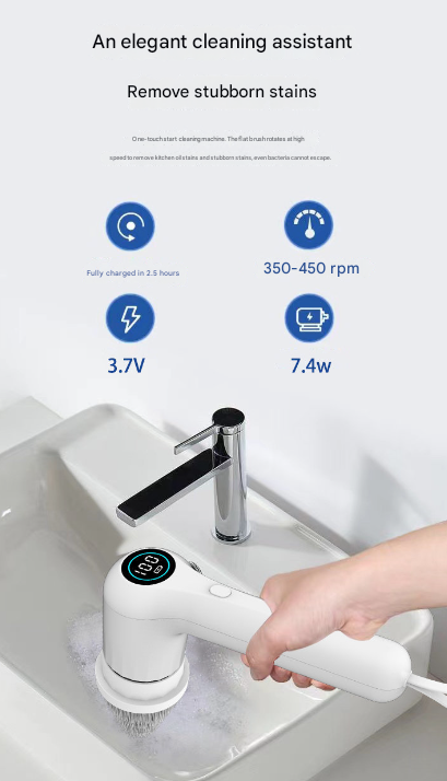 White Rechargeable Electric Spin Scrubber - Waterproof Power Cleaning Brush with 5 Heads & Digital Display for Bathroom, Kitchen & More