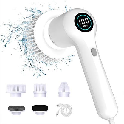 White Rechargeable Electric Spin Scrubber - Waterproof Power Cleaning Brush with 5 Heads & Digital Display for Bathroom, Kitchen & More